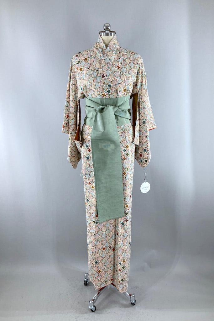 Vintage Ivory Geometric Silk Kimono-ThisBlueBird