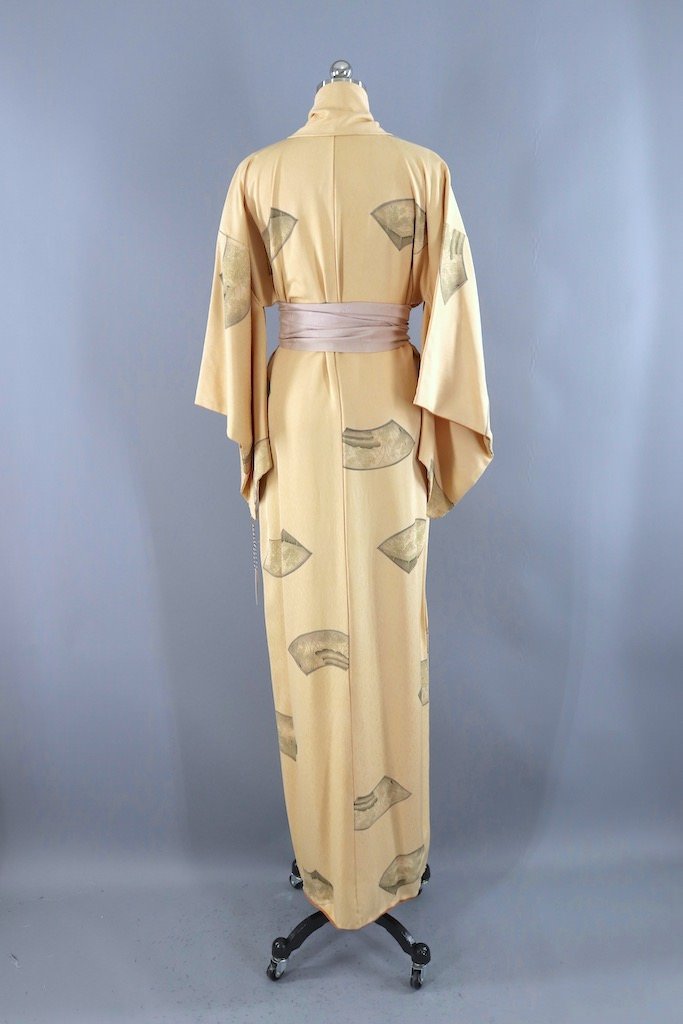 Vintage Ivory & Grey Silk Kimono Robe-ThisBlueBird - Modern Vintage