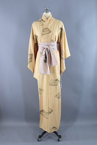 Vintage Ivory & Grey Silk Kimono Robe-ThisBlueBird - Modern Vintage