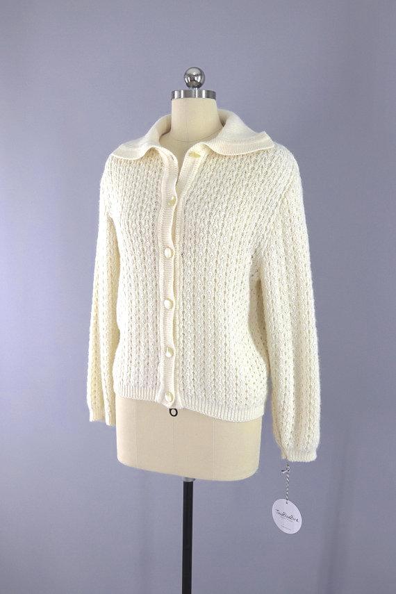 Vintage Ivory Knit Cardigan Sweater-ThisBlueBird