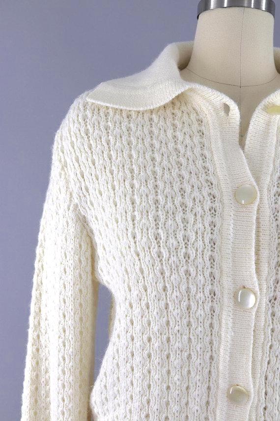 Vintage Ivory Knit Cardigan Sweater-ThisBlueBird