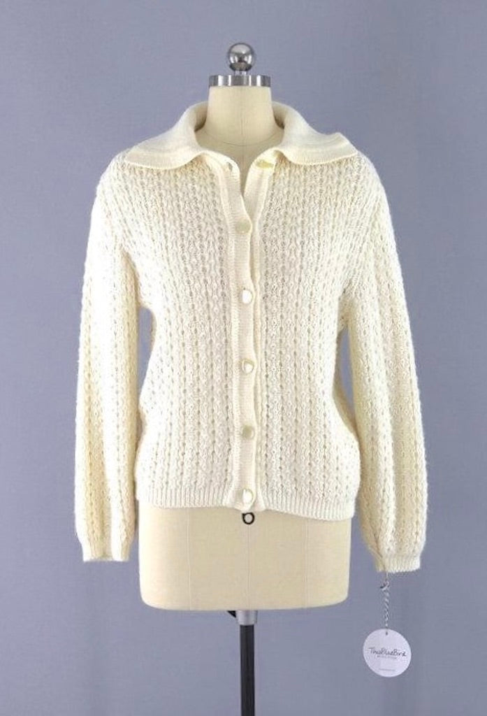 Vintage Ivory Knit Cardigan Sweater-ThisBlueBird