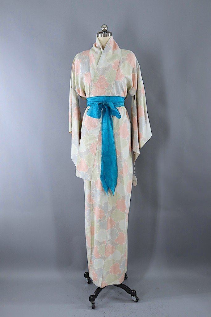 Vintage Ivory Lily Pad Silk Kimono Robe-ThisBlueBird