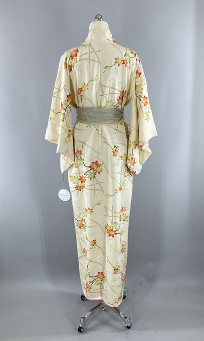 Vintage Ivory Maple Leaves Silk Kimono Robe-ThisBlueBird - Modern Vintage