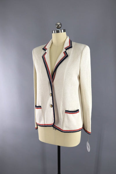 Vintage 1970s Butte Knit Blazer Jacket / Ivory Nautical Preppy - ThisBlueBird
