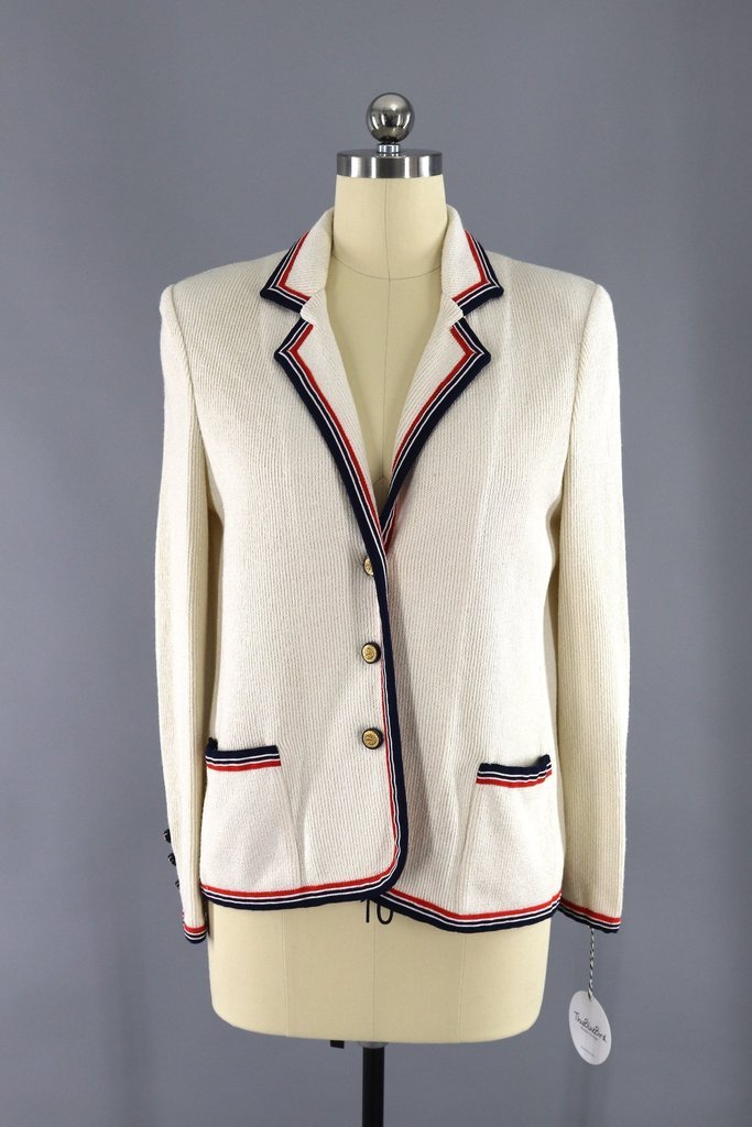 Vintage 1970s Butte Knit Blazer Jacket / Ivory Nautical Preppy - ThisBlueBird