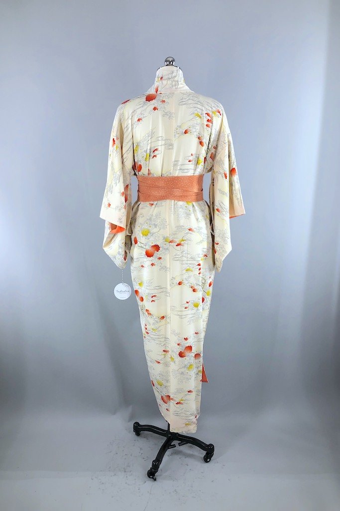Vintage Ivory Novelty Print Silk Kimono Robe-ThisBlueBird - Modern Vintage