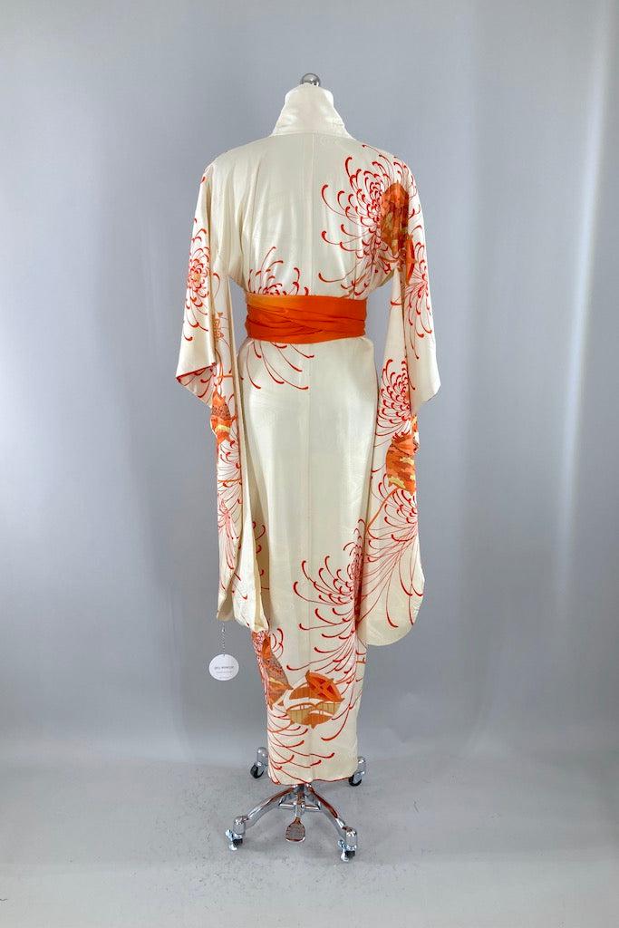 Vintage Ivory & Orange Chrysanthemum Silk Kimono Robe-ThisBlueBird