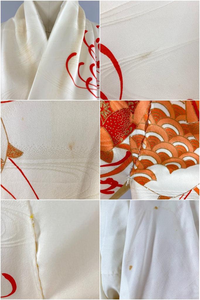 Vintage Ivory & Orange Chrysanthemum Silk Kimono Robe-ThisBlueBird