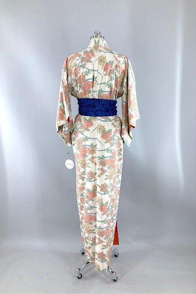 Vintage Ivory & Orange Floral Raw Silk Kimono-ThisBlueBird