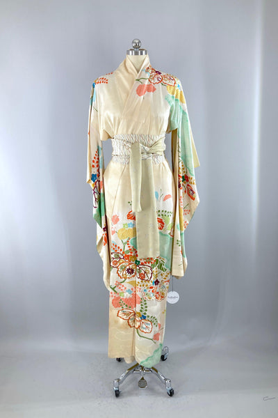 Vintage Ivory & Orange Floral Silk Kimono Robe-ThisBlueBird