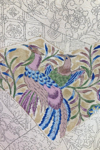 Vintage Ivory Peacock Birds Silk Kimono-ThisBlueBird