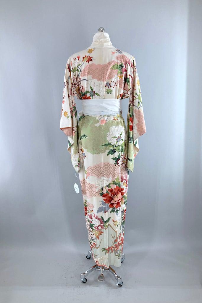 Vintage Ivory Peony Silk Kimono Robe-ThisBlueBird