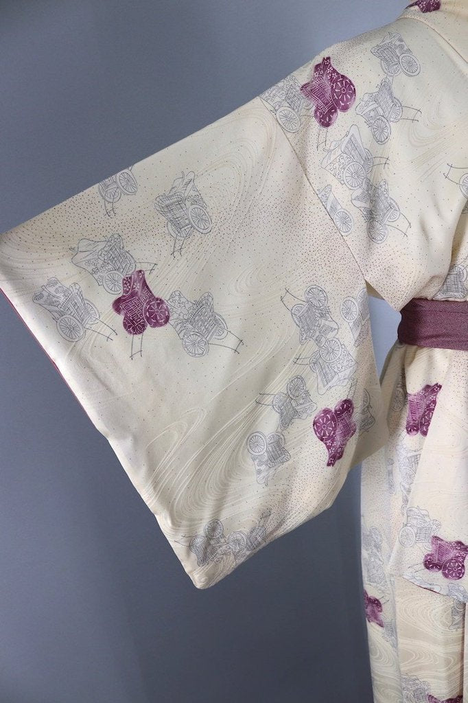 Vintage Silk Kimono Robe / Ivory & Purple Wagons Print - ThisBlueBird