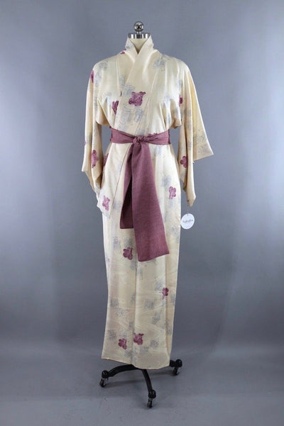 Vintage Silk Kimono Robe / Ivory & Purple Wagons Print - ThisBlueBird