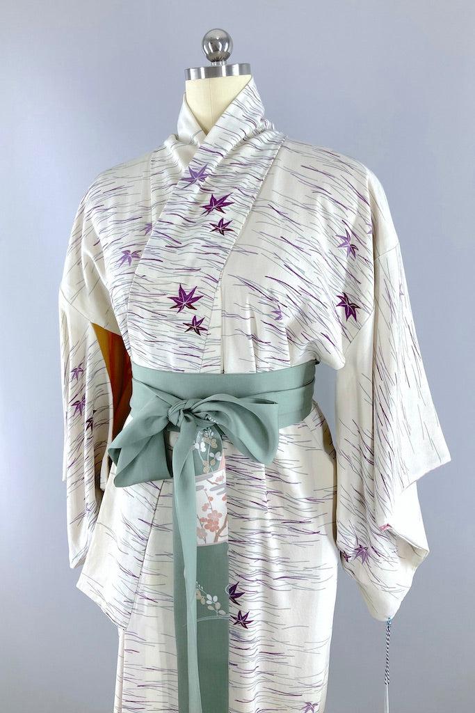 Vintage Ivory Purple Maple Leaves Silk Kimono Robe-ThisBlueBird