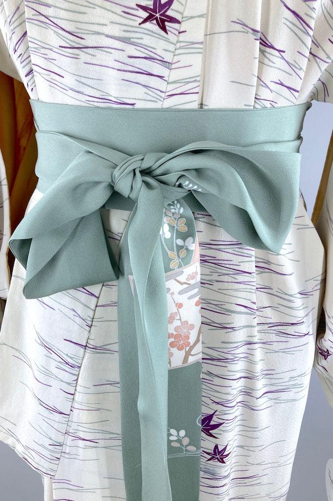 Vintage Ivory Purple Maple Leaves Silk Kimono Robe-ThisBlueBird
