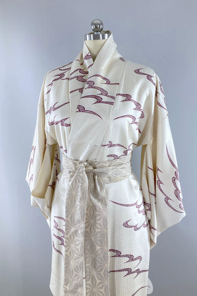 Vintage Ivory & Purple Waves Silk Kimono-ThisBlueBird