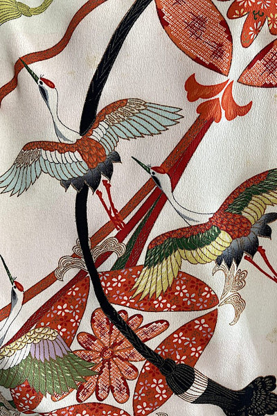 Vintage Ivory & Red Cranes Silk Kimono Robe-ThisBlueBird - Modern Vintage