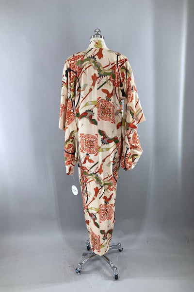 Vintage Ivory & Red Cranes Silk Kimono Robe-ThisBlueBird - Modern Vintage