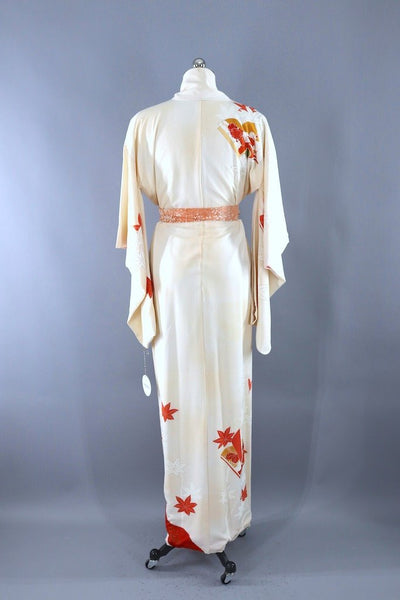 Vintage Ivory & Red Maple Leaves Silk Kimono Robe-ThisBlueBird - Modern Vintage