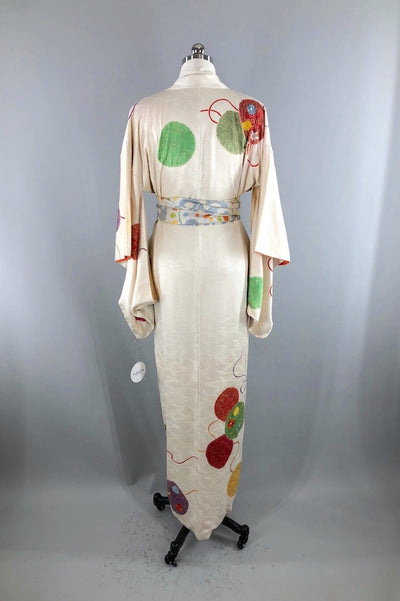 Vintage Ivory & Red Silk Kimono Robe-ThisBlueBird - Modern Vintage