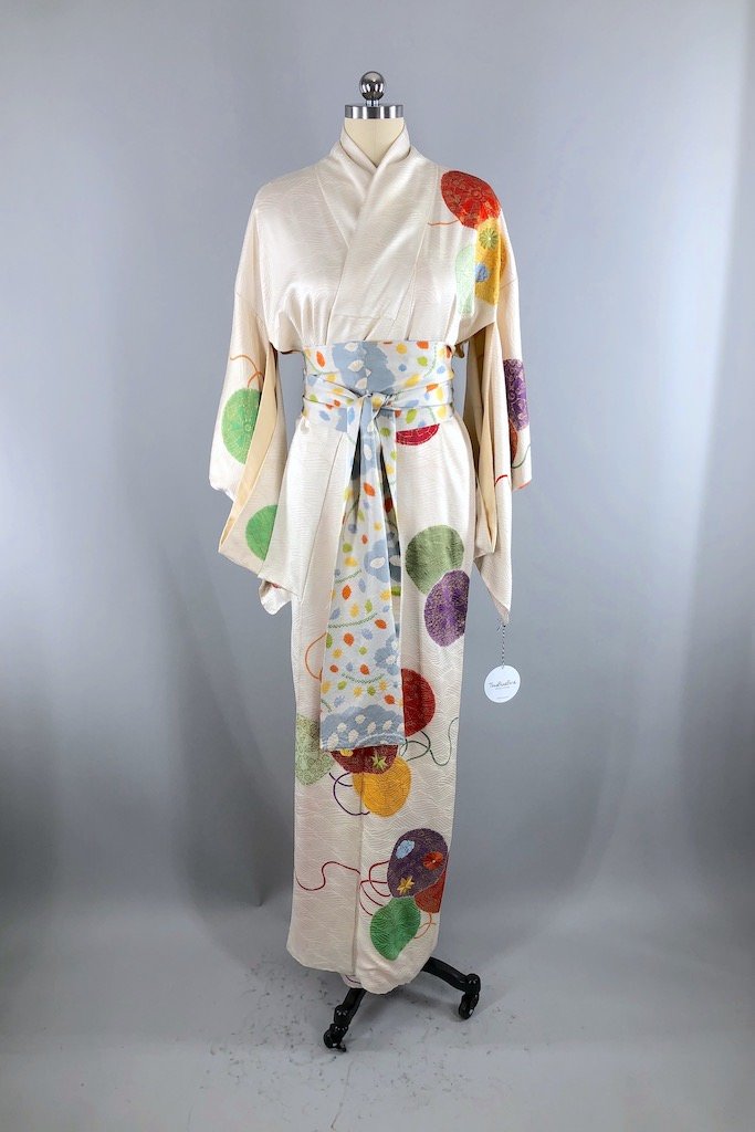 Vintage Ivory & Red Silk Kimono Robe-ThisBlueBird - Modern Vintage