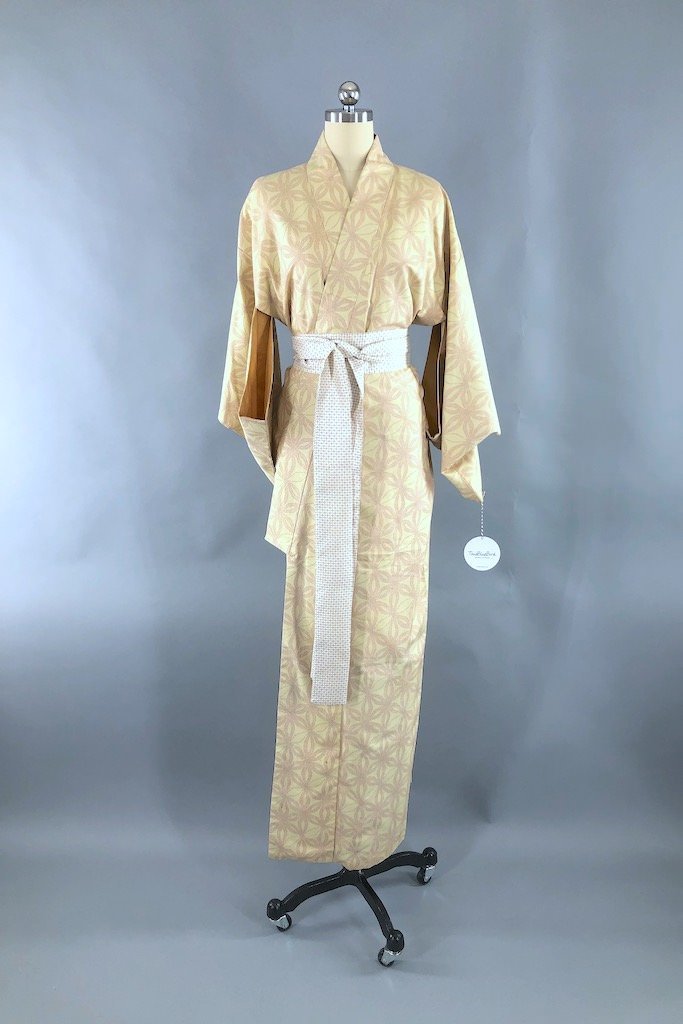 Vintage Ivory Red Star Silk Kimono Robe-ThisBlueBird - Modern Vintage
