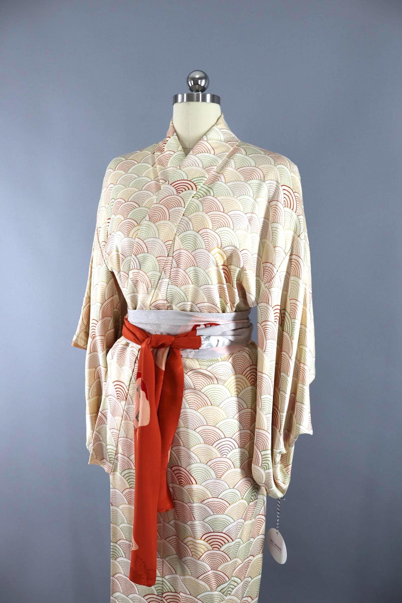 Vintage Silk Kimono Robe / Ivory Orange Seigaiha Arches-ThisBlueBird