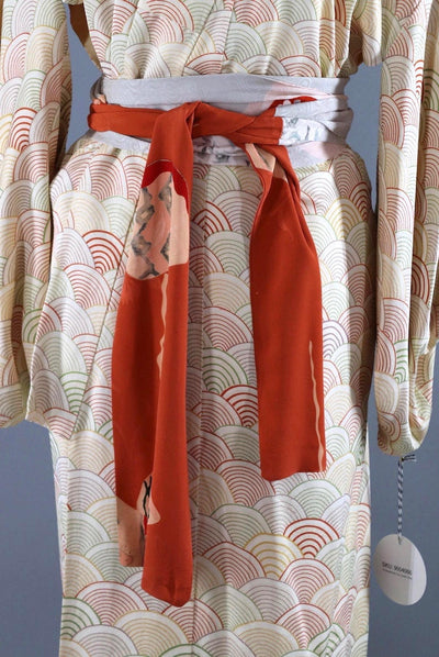 Vintage Silk Kimono Robe / Ivory Orange Seigaiha Arches-ThisBlueBird