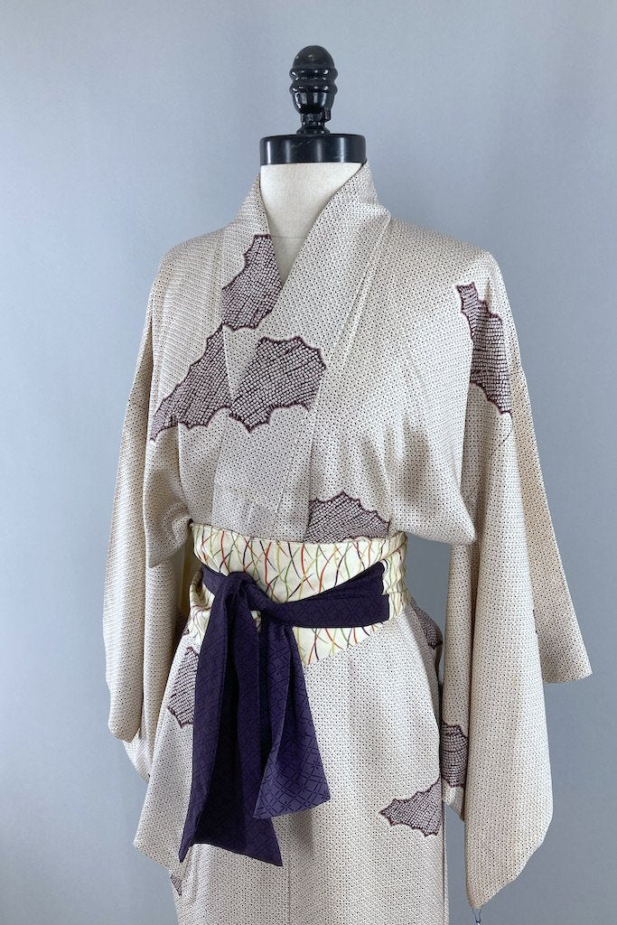 Vintage Ivory Shibori Clouds Silk Kimono Robe-ThisBlueBird - Modern Vintage