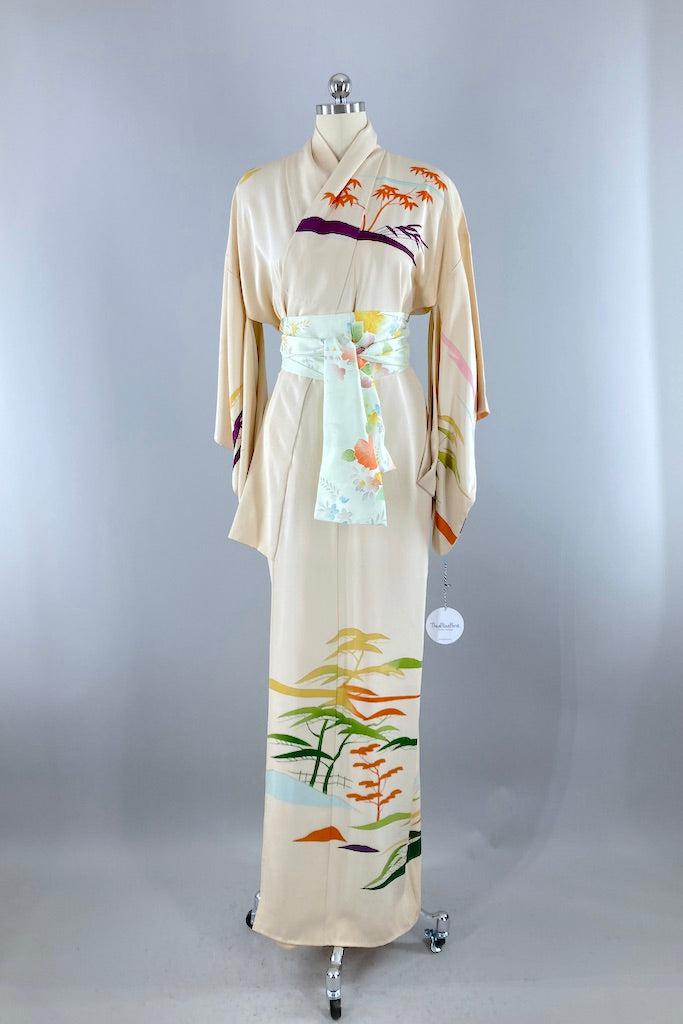 Vintage Ivory Watercolor Trees Silk Kimono Robe-ThisBlueBird