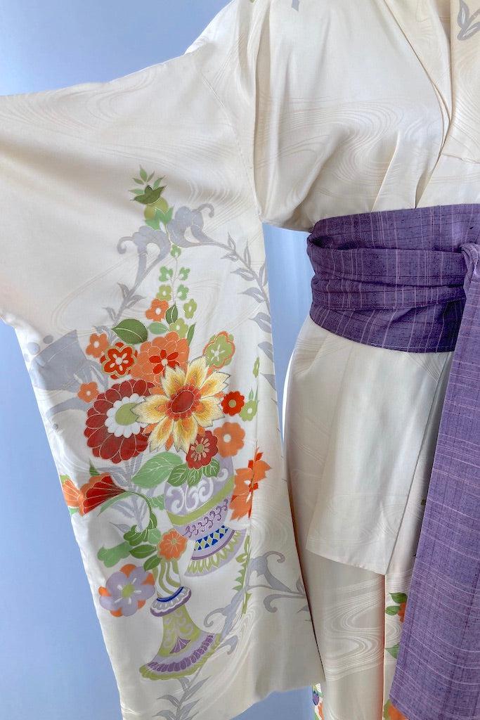 Vintage Ivory & Yellow Embroidered Floral Silk Kimono-ThisBlueBird