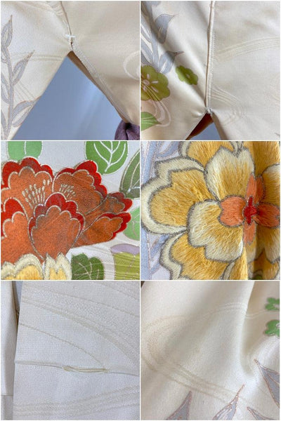 Vintage Ivory & Yellow Embroidered Floral Silk Kimono-ThisBlueBird