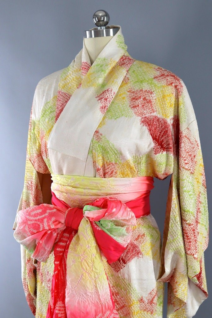 Vintage Ivory &amp; Yellow Shibori Silk Kimono Robe-ThisBlueBird - Modern Vintage