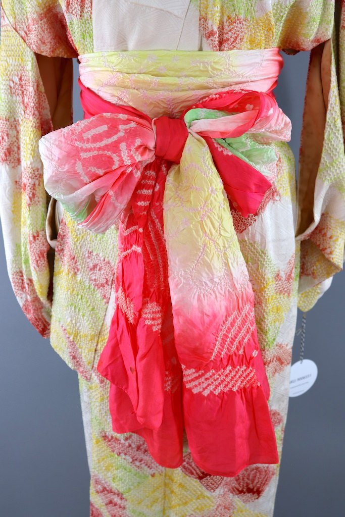 Vintage Ivory &amp; Yellow Shibori Silk Kimono Robe-ThisBlueBird - Modern Vintage