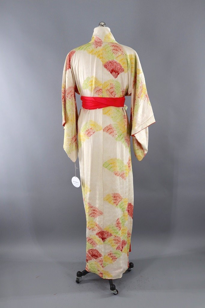 Vintage Ivory &amp; Yellow Shibori Silk Kimono Robe-ThisBlueBird - Modern Vintage