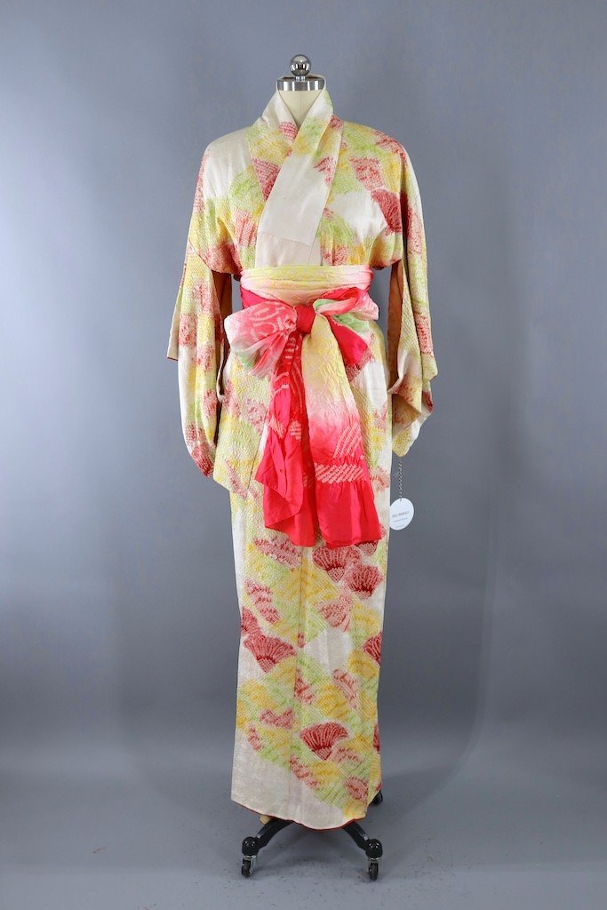 Vintage Ivory &amp; Yellow Shibori Silk Kimono Robe-ThisBlueBird - Modern Vintage