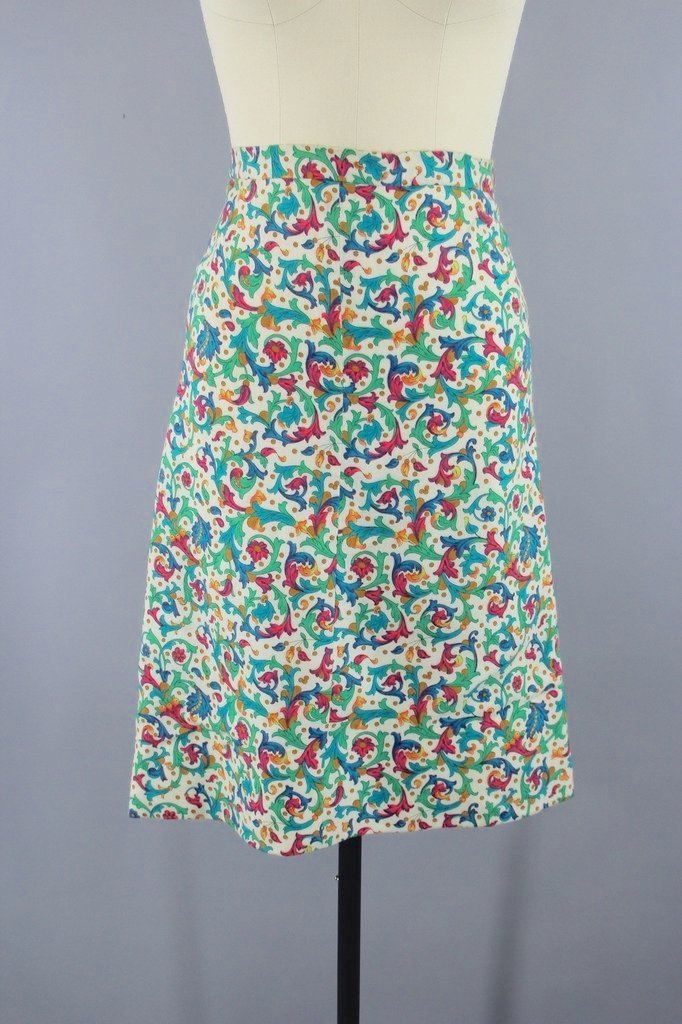 Vintage 1960s Ivy Print Floral Pencil Skirt-ThisBlueBird