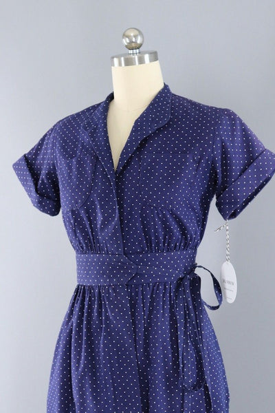 Vintage Lanz Navy Polka Dot Wrap Dress-ThisBlueBird - Modern Vintage