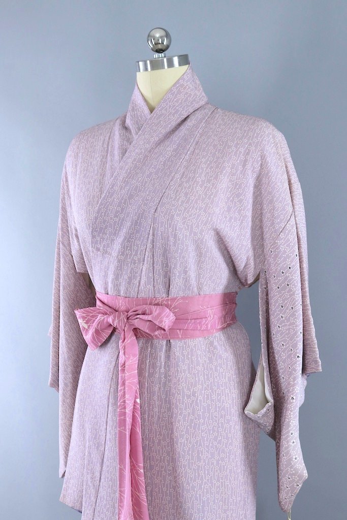 Vintage Lavender Floral Silk Kimono Robe-ThisBlueBird