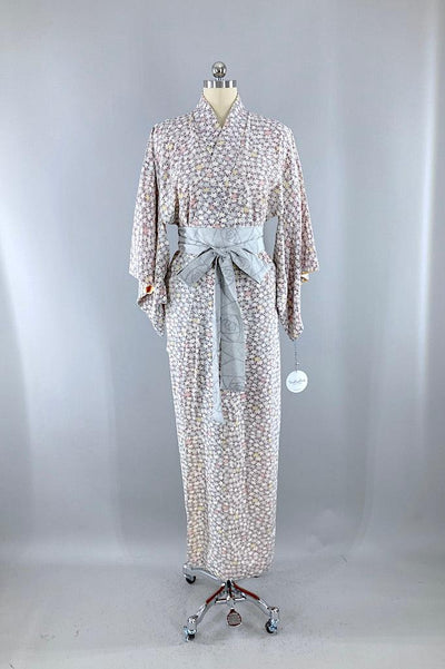 Vintage Lavender Maple Leaves Silk Kimono Robe-ThisBlueBird