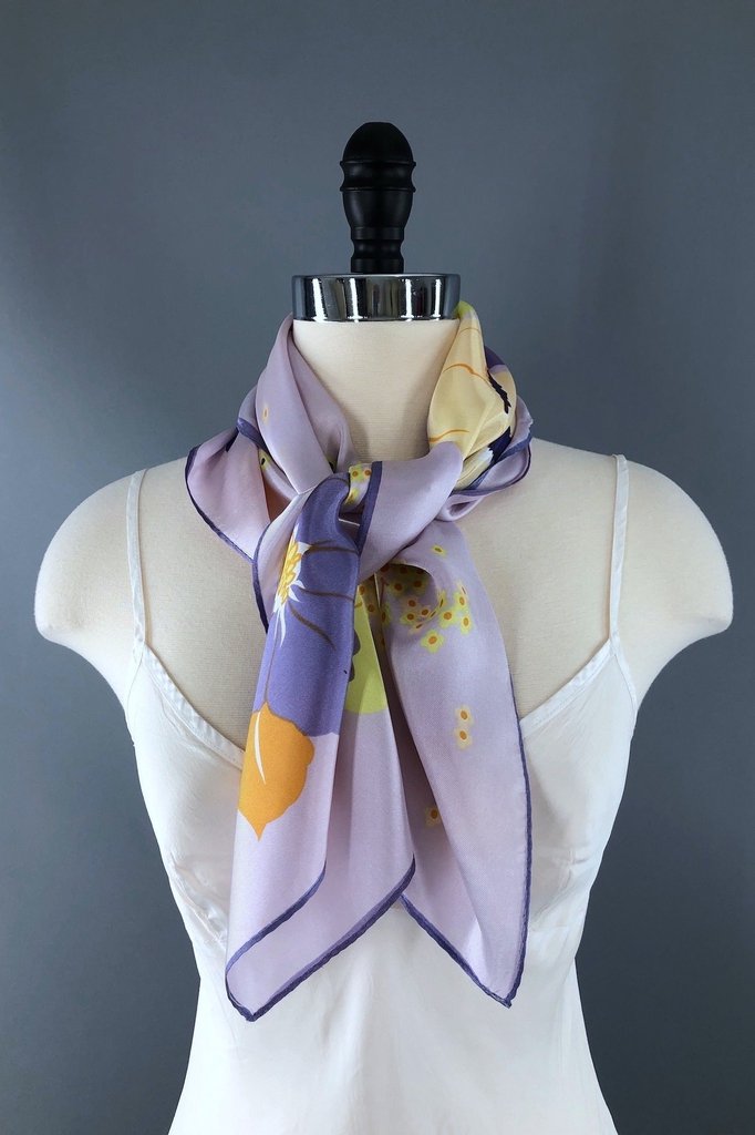 Vintage Lavender and Yellow Mod Floral Print Scarf-ThisBlueBird - Modern Vintage