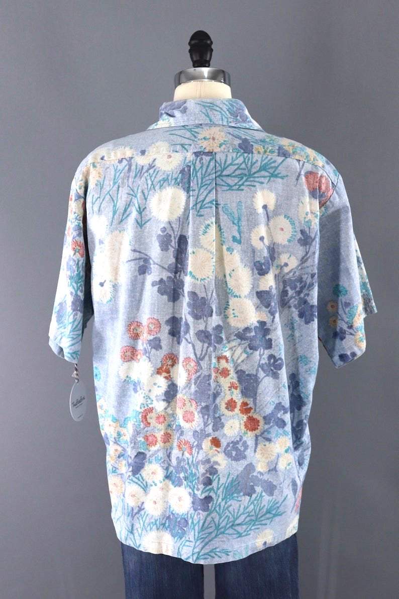 Vintage Chambray Hawaiian Print Shirt / Surf Line Liberty House-ThisBlueBird - Modern Vintage