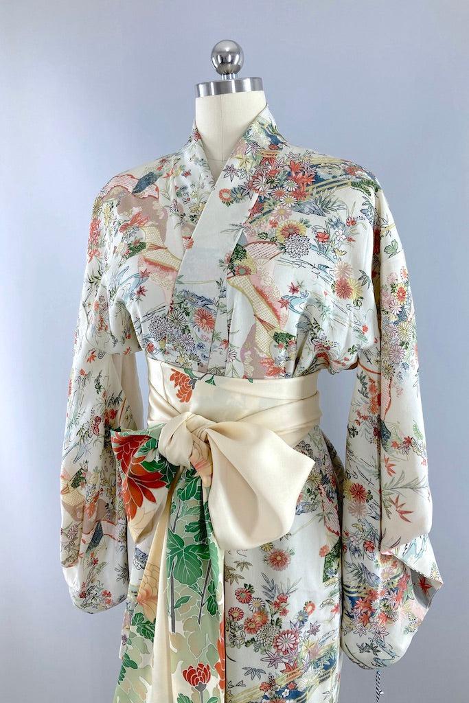 Vintage Light Grey Green Floral Silk Kimono Robe-ThisBlueBird