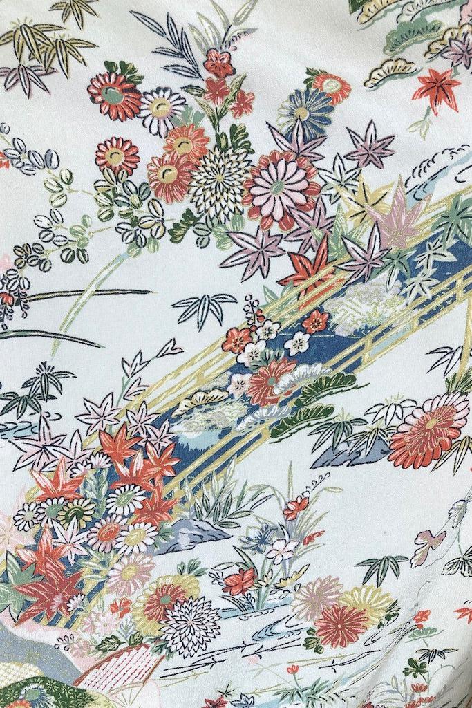 Vintage Light Grey Green Floral Silk Kimono Robe-ThisBlueBird