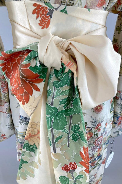 Vintage Light Grey Green Floral Silk Kimono Robe-ThisBlueBird