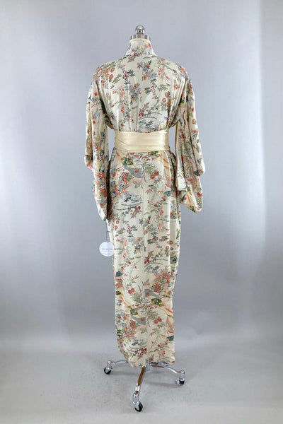 Vintage Light Grey Green Floral Silk Kimono Robe-ThisBlueBird