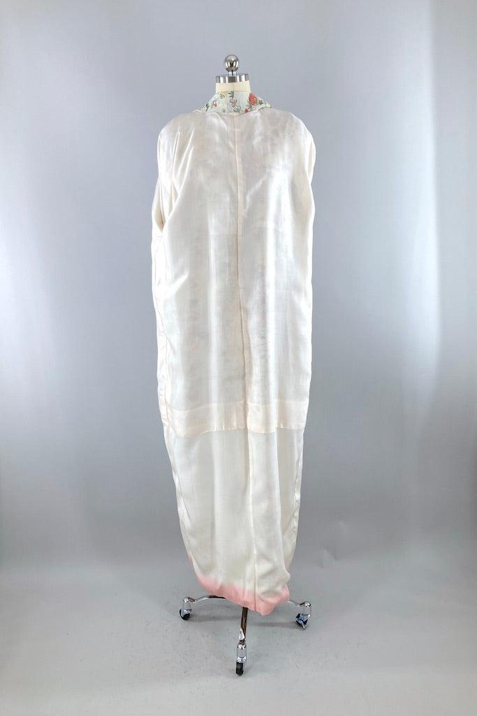 Vintage Light Grey Green Floral Silk Kimono Robe-ThisBlueBird