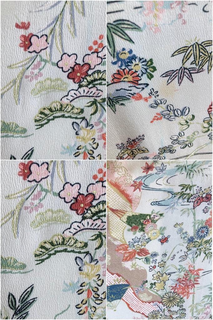 Vintage Light Grey Green Floral Silk Kimono Robe-ThisBlueBird